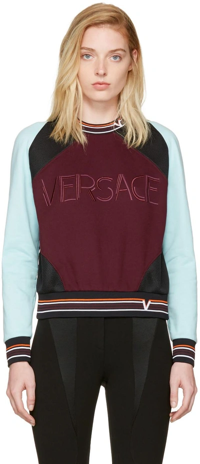 Shop Versace Burgundy & Blue Colourblocked Logo Sweatshirt