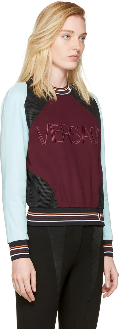 Shop Versace Burgundy & Blue Colorblocked Logo Sweatshirt