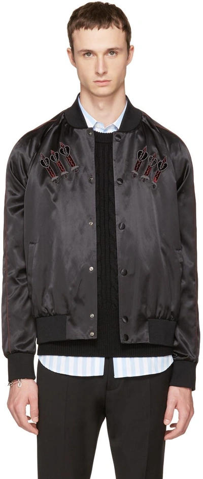 Shop Valentino Black Embroidered Love Blade Bomber Jacket