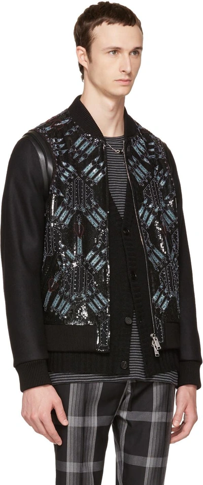 Shop Valentino Black Embroidered Sequin Love Blade Bomber Jacket