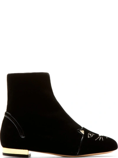 Charlotte Olympia Black Velvet Puss In Boots Ankle Boots