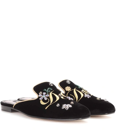 Shop Dolce & Gabbana Embellished Velvet Slippers In Black