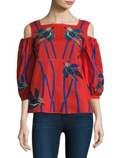 Tanya Taylor Bird Embroidered Cotton Cold Shoulder Top In Red