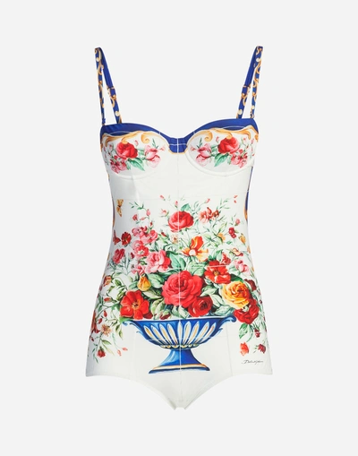 Shop Dolce & Gabbana One-piece Printed Balconette Swimsuit In White
