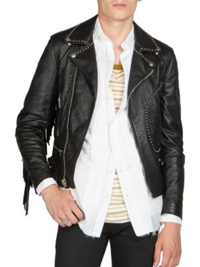 Shop Saint Laurent Fringe Leather Moto Jacket In Black-grey