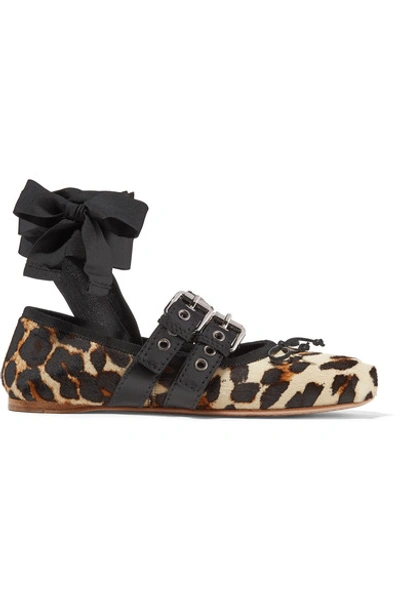 フラットシューズ MiuMiu | Leopard-print calf hair leather lace-up shoes Miu Miu Lace-up Leather-trimmed Leopard-print Calf Hair