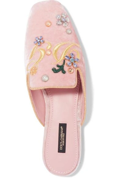 Shop Dolce & Gabbana Embellished Embroidered Velvet Slippers