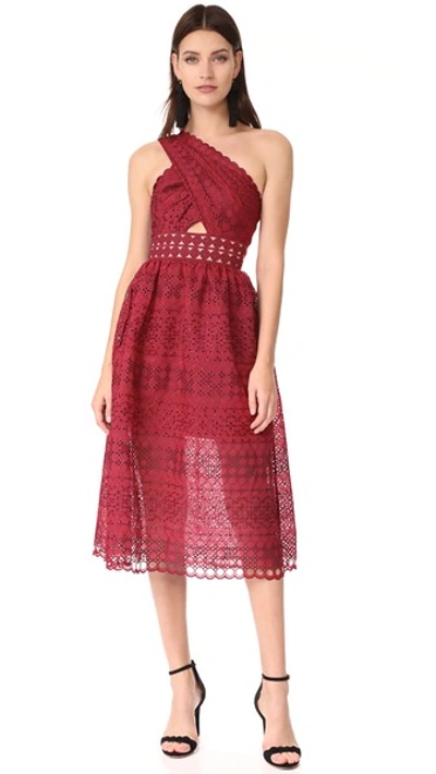 Shop Self-portrait One Shoulder Cutout Midi Dress In Raspberry Red