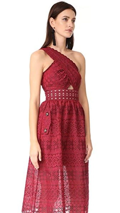 Shop Self-portrait One Shoulder Cutout Midi Dress In Raspberry Red