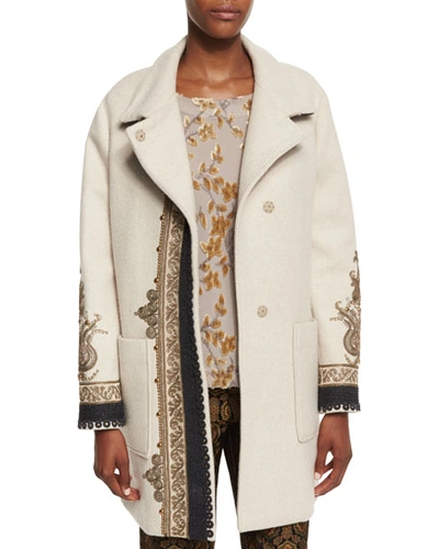Etro Embroidered Long Wool-blend Coat, Ivory