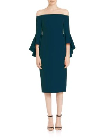 Shop Milly Selena Italian Cady Bell Sleeve Off-the-shoulder Dress In Peacock