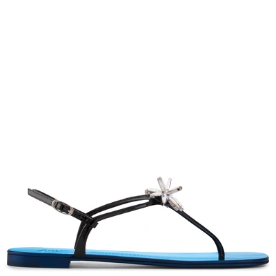 Giuseppe Zanotti - Mirrored Black Flat Sandal With Crystal Flower Margherita