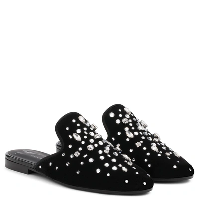 Shop Giuseppe Zanotti - Flat Black Velvet Shoes With Crystals The Dazzling Elsa