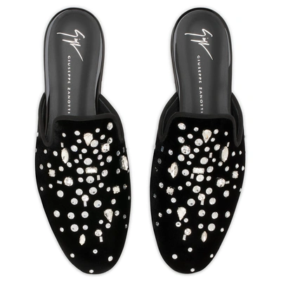 Shop Giuseppe Zanotti - Flat Black Velvet Shoes With Crystals The Dazzling Elsa