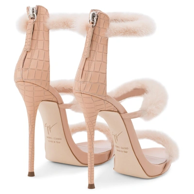 Shop Giuseppe Zanotti - Pink Leather Sandal With Mink Fur Harmony Winter