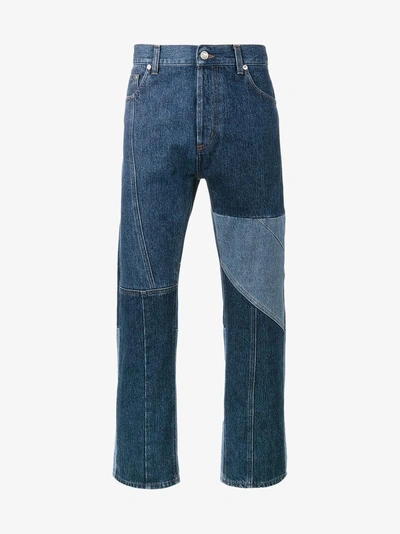 Shop Alexander Mcqueen Blue Patchwork Straight Leg Jeans