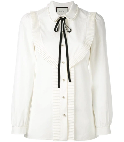 Shop Gucci White Pleated Trim Blouse