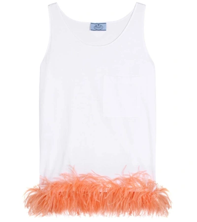 Shop Prada Feather-trimmed Sleeveless Top In White