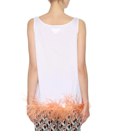 Shop Prada Feather-trimmed Sleeveless Top In White
