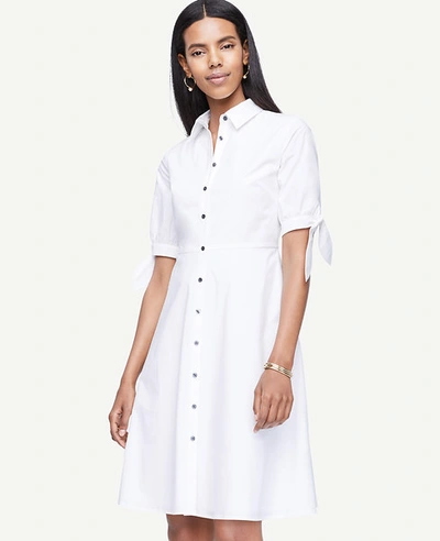 Ann Taylor Poplin Tie Sleeve Shirt Dress In White