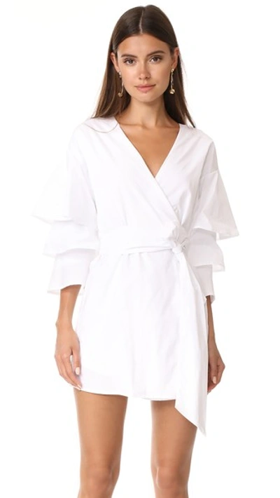 Endless Rose Poplin Wrap Dress With Tiered Bell Sleeves In Off White