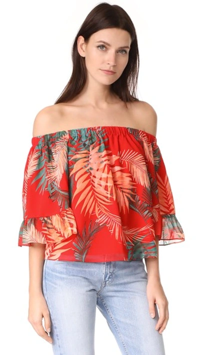 Rebecca Minkoff Faith Tropical Palm Off-the-shoulder Top, Red In Lipstick Print