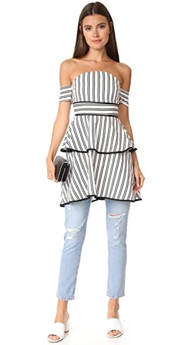 Shop Endless Rose Striped Off The Shoulder Bustier High Low Dress In Black/white Combo