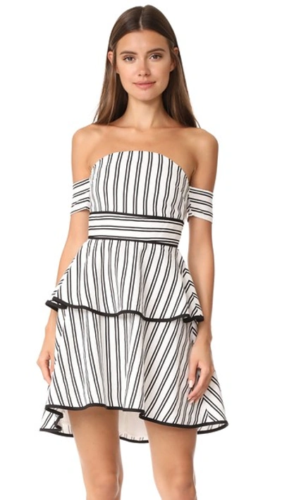 Endless Rose Striped Off The Shoulder Bustier High Low Dress In Black/white Combo
