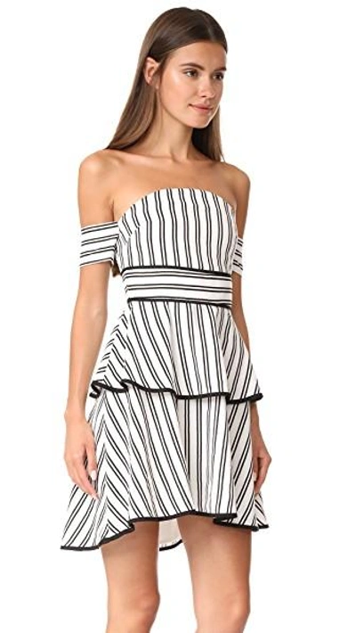 Shop Endless Rose Striped Off The Shoulder Bustier High Low Dress In Black/white Combo