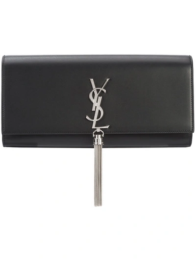 Saint Laurent Kate Monogram Ysl Tassel Faux-crocodile Clutch Bag In Black Silver