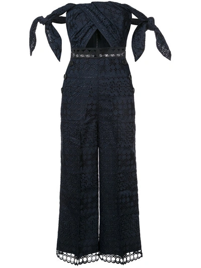 Shop Self-portrait Lace-embroidered Jumpsuit In Blue