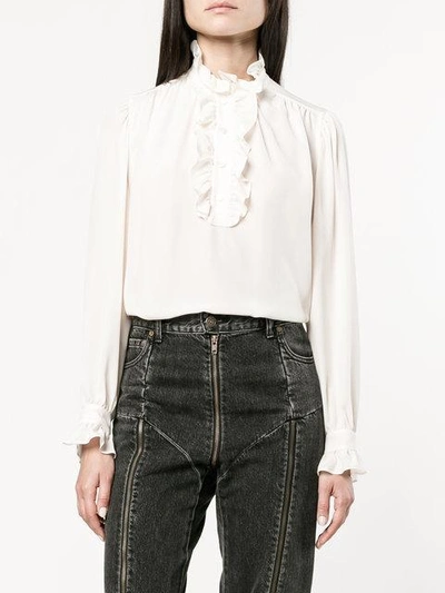 Stella Mccartney High Neck Silk Ruffle Blouse In Neutrals