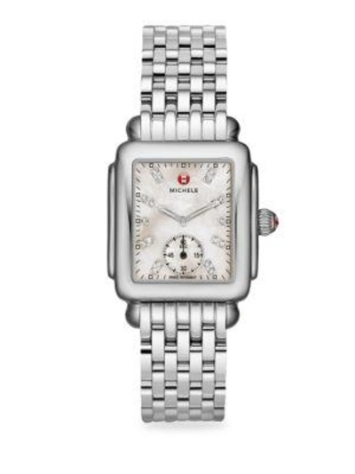 Shop Michele Watches Women's Deco 16 Diamond, Mother-of-pearl & Stainless Steel Bracelet Watch In Silver