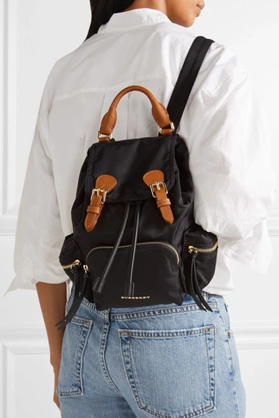 Shop Burberry Small Leather-trimmed Gabardine Backpack