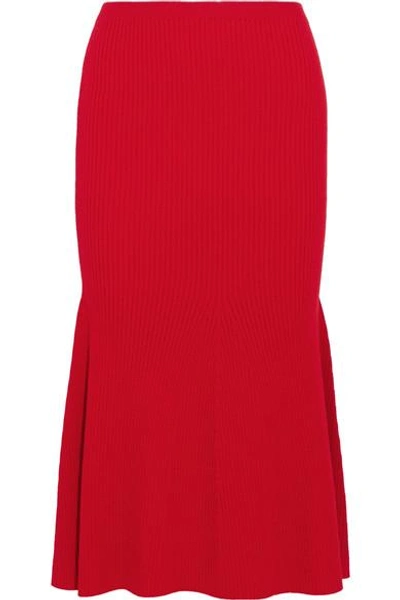 Shop Victoria Beckham Ribbed Wool-blend Midi Skirt In Red