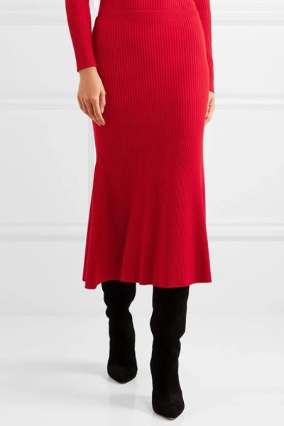 Shop Victoria Beckham Ribbed Wool-blend Midi Skirt In Red