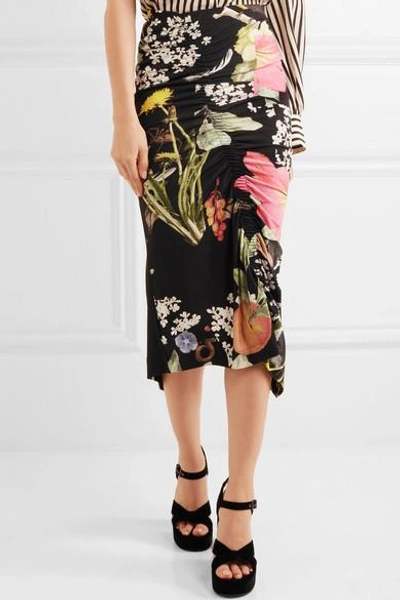 Shop Preen By Thornton Bregazzi Lennox Ruched Floral-print Stretch-crepe Midi Skirt