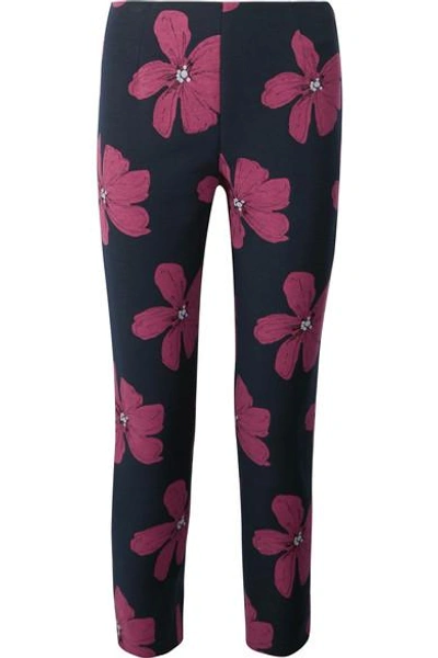Shop Lela Rose Cropped Cotton-blend Floral-jacquard Slim-leg Pants