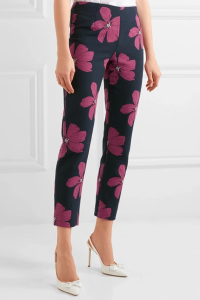 Shop Lela Rose Cropped Cotton-blend Floral-jacquard Slim-leg Pants