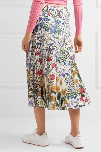 Shop Gucci Pleated Floral-print Silk-crepe Midi Skirt