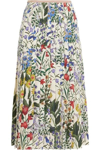 Shop Gucci Pleated Floral-print Silk-crepe Midi Skirt