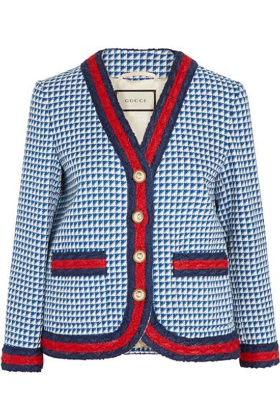 Shop Gucci Striped Houndstooth Wool-blend Jacket In Blue