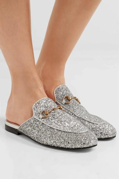 Shop Gucci Princetown Horsebit-detailed Glittered Leather Slippers In Silver