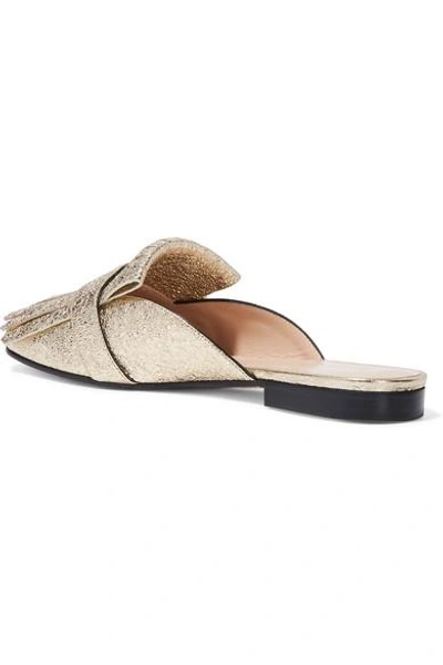 Shop Gucci Marmont Fringed Logo-embellished Metallic Cracked-leather Slippers In Gold