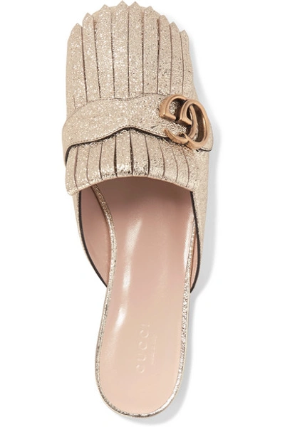Shop Gucci Marmont Fringed Logo-embellished Metallic Cracked-leather Slippers In Gold