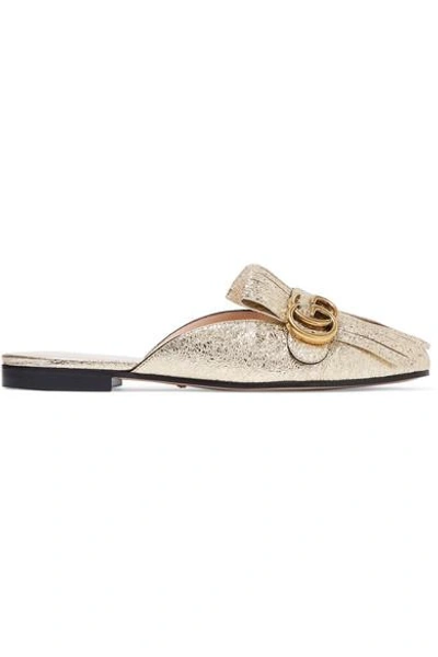 Shop Gucci Marmont Fringed Logo-embellished Metallic Cracked-leather Slippers In Gold
