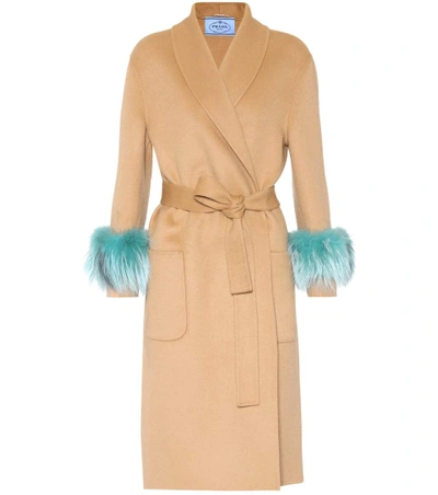 Shop Prada Wool, Angora And Cashgora Fur-trimmed Coat In Beige