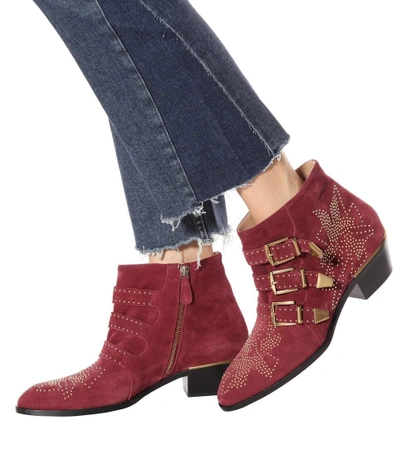 Shop Chloé Susanna Studded Suede Ankle Boots In Red