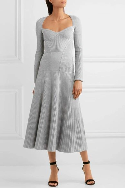 Shop Alexander Mcqueen Metallic Ribbed Stretch Wool-blend Midi Dress