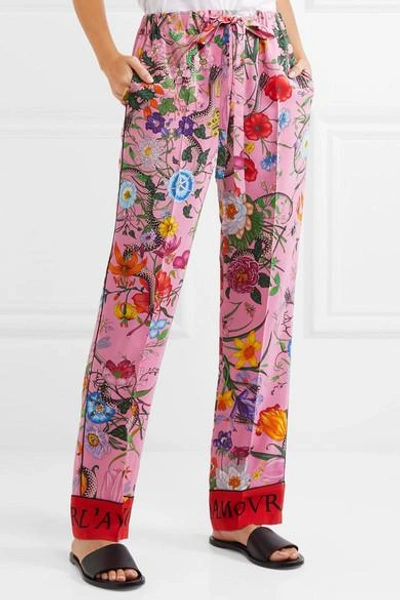 Shop Gucci Printed Silk Crepe De Chine Wide-leg Pants In Pink